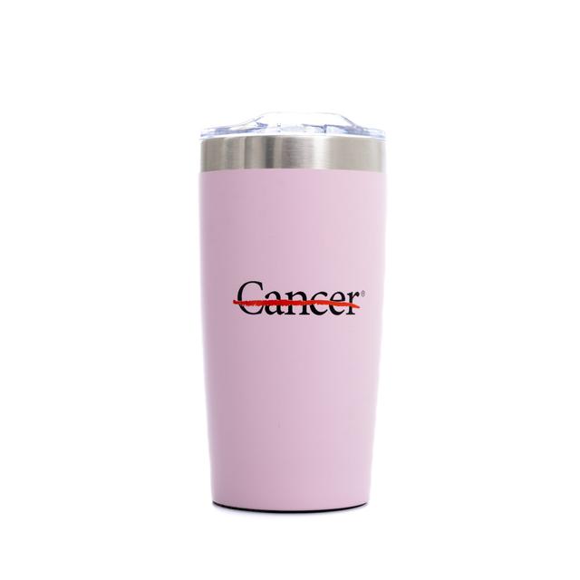 Pink tumbler with plastic lid featuring the black cancer strikethrough logo.