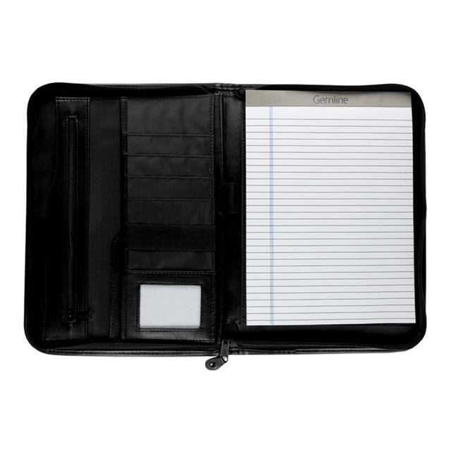 Open zippered black leather padfolio  with lined paper pad and card pockets.