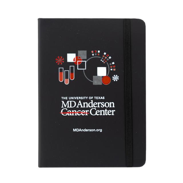 Black notebook featuring the research logo with the white MD Anderson logo displayed at the bottom.