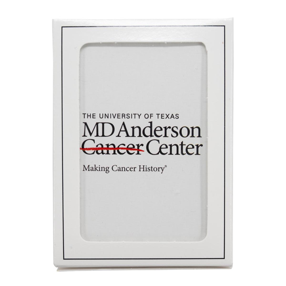 Set of white playing cards featuring the black MD Anderson logo.