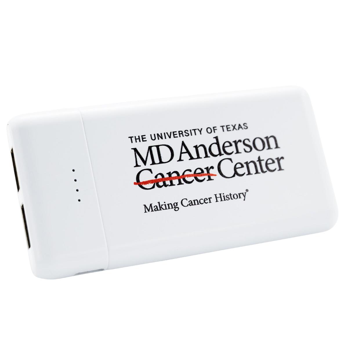 White power bank featuring the black MD Anderson logo.