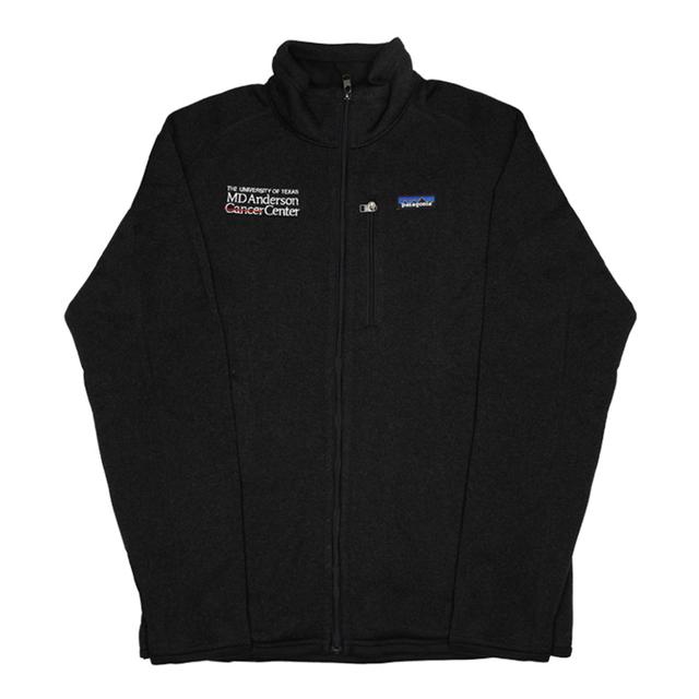 Black Patagonia fleece jacket with full zip featuring the white MD Anderson logo on one side and the Patagonia logo on the other side.