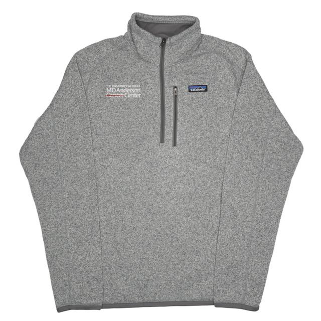 Gray Patagonia sweater with 1/4 zip featuring the white MD Anderson logo on one side and the Patagonia logo on the other side.
