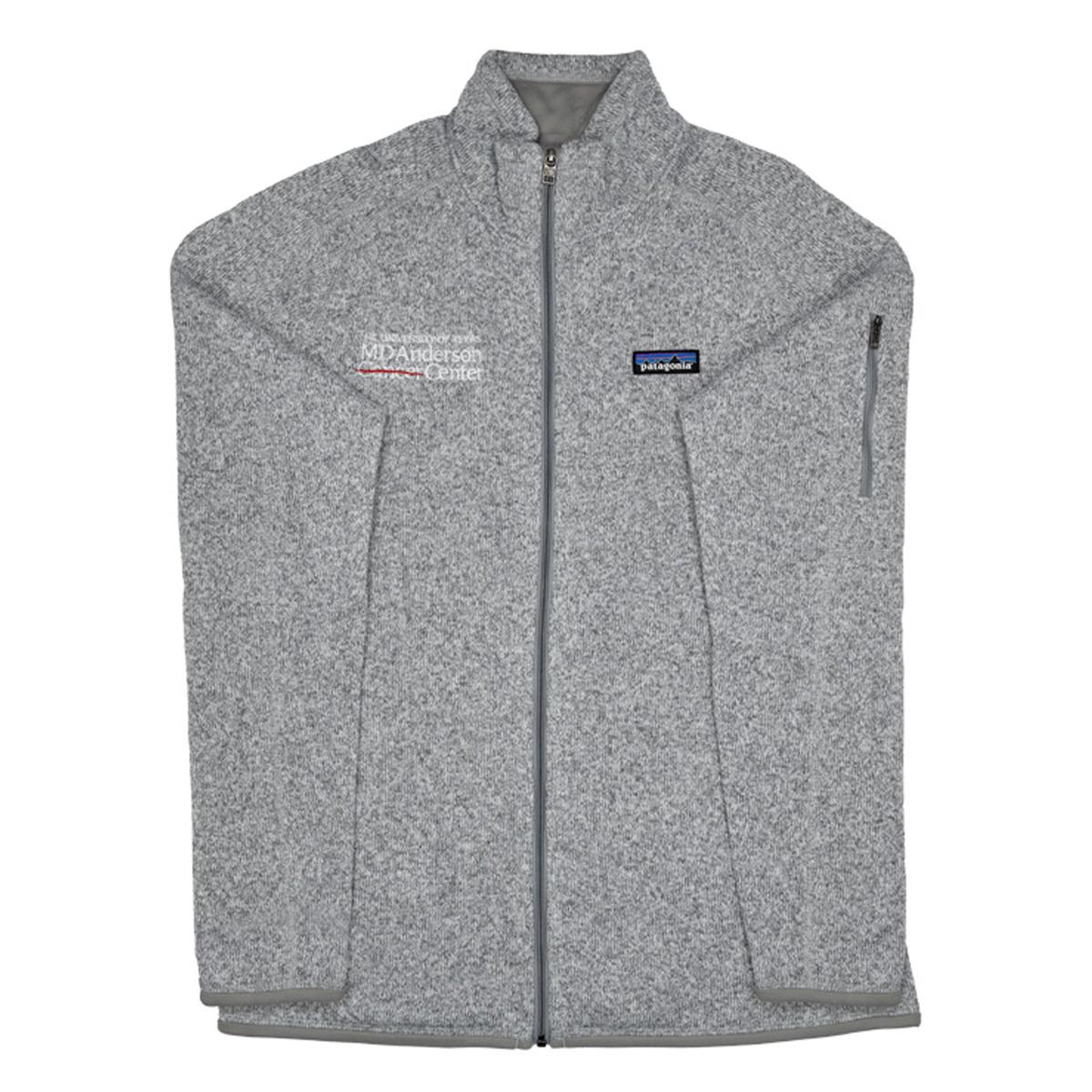 Grey Patagonia jacket with the white MD Anderson logo on the chest area.